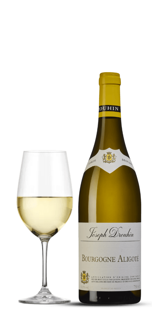 Flaskbild av Joseph Drouhin Bourgogne Aligoté med ett glas vitt vin bredvid.