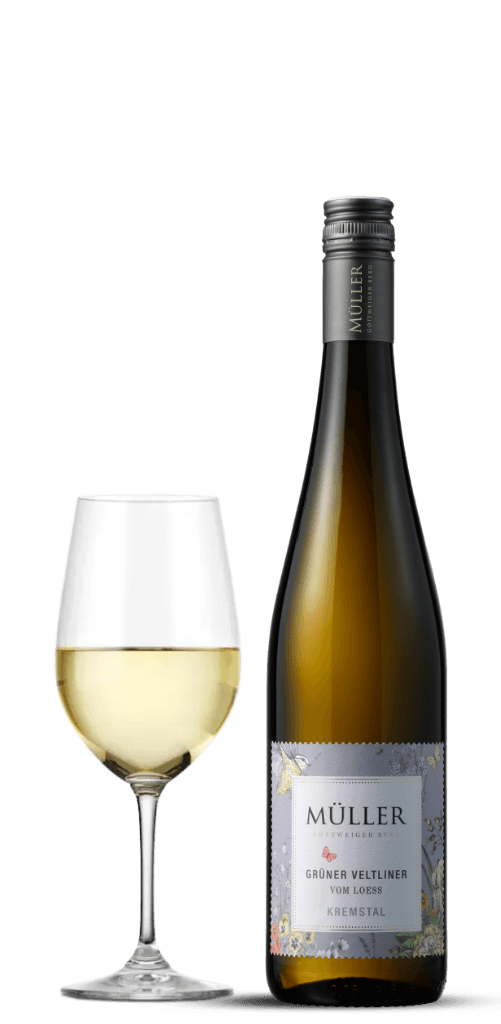 Bild på flaska och glas från Muller kremstal gruner veltliner vom loess