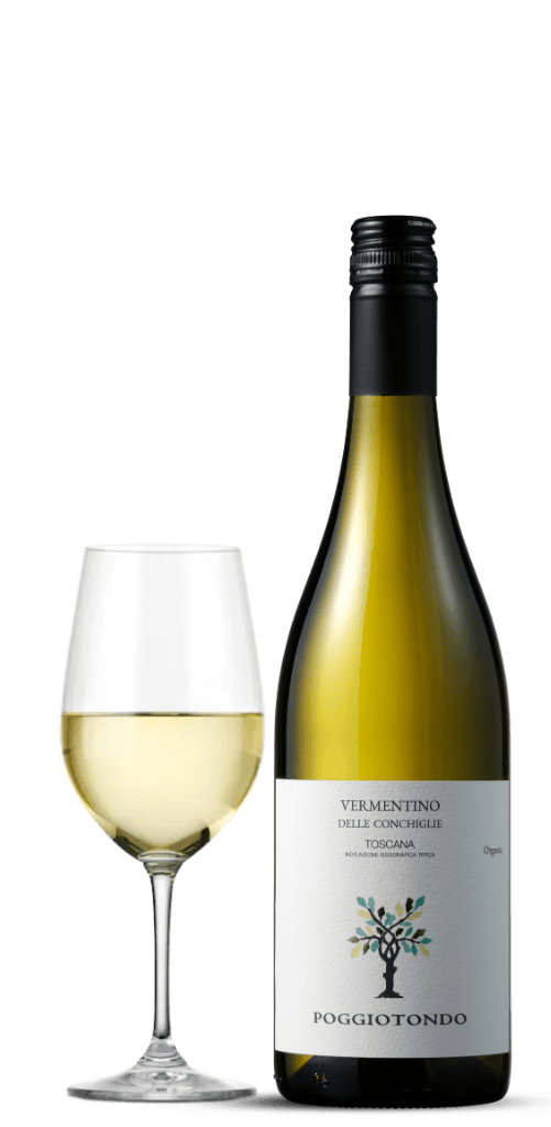 Bild på flaska och glas från Poggiotondo vermentino