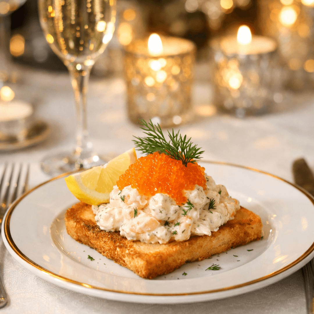 Toast Skagen med löjrom uppdukat på ett bord med vita tallrikar med guldkant, glas och bestick.
