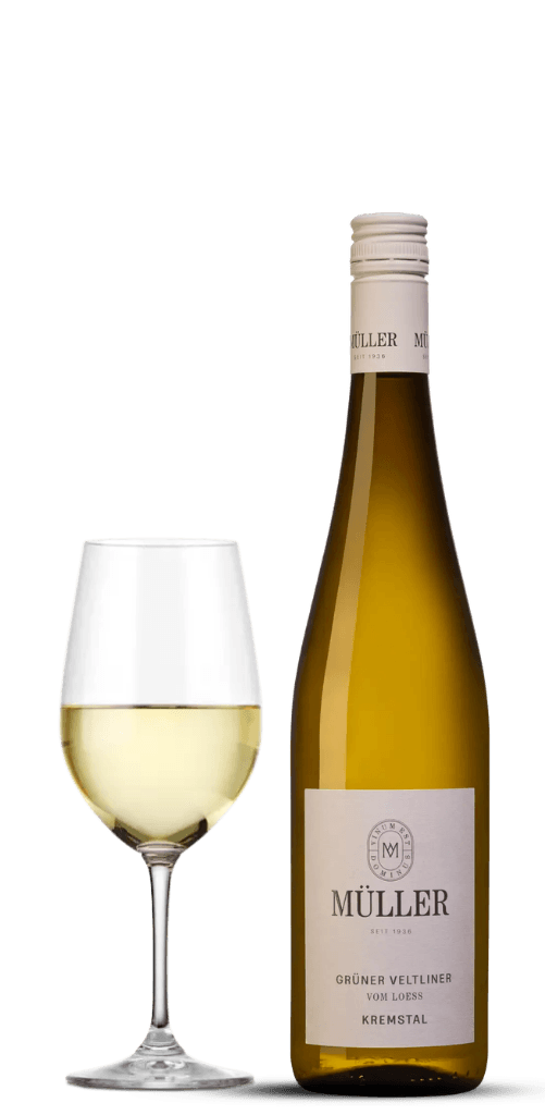 Bild på flaska och glas från Muller kremstal gruner veltliner vom loess